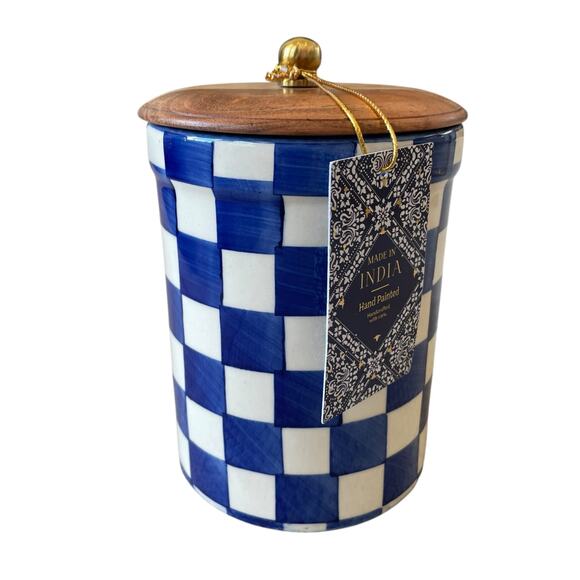 Hand Painted Checkered Ceramic Canister w/ Wood Lid Made in India Blue White NEW - Picture 16 of 16